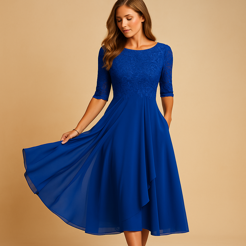Elegant lace top midi dress for women with asymmetrical layered skirt, ideal for cocktail parties, summer events, and special occasions.