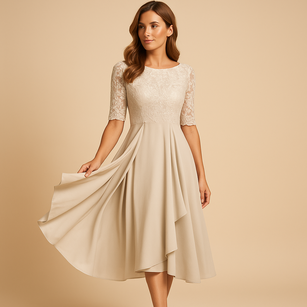 Elegant lace top midi dress for women with asymmetrical layered skirt, ideal for cocktail parties, summer events, and special occasions.