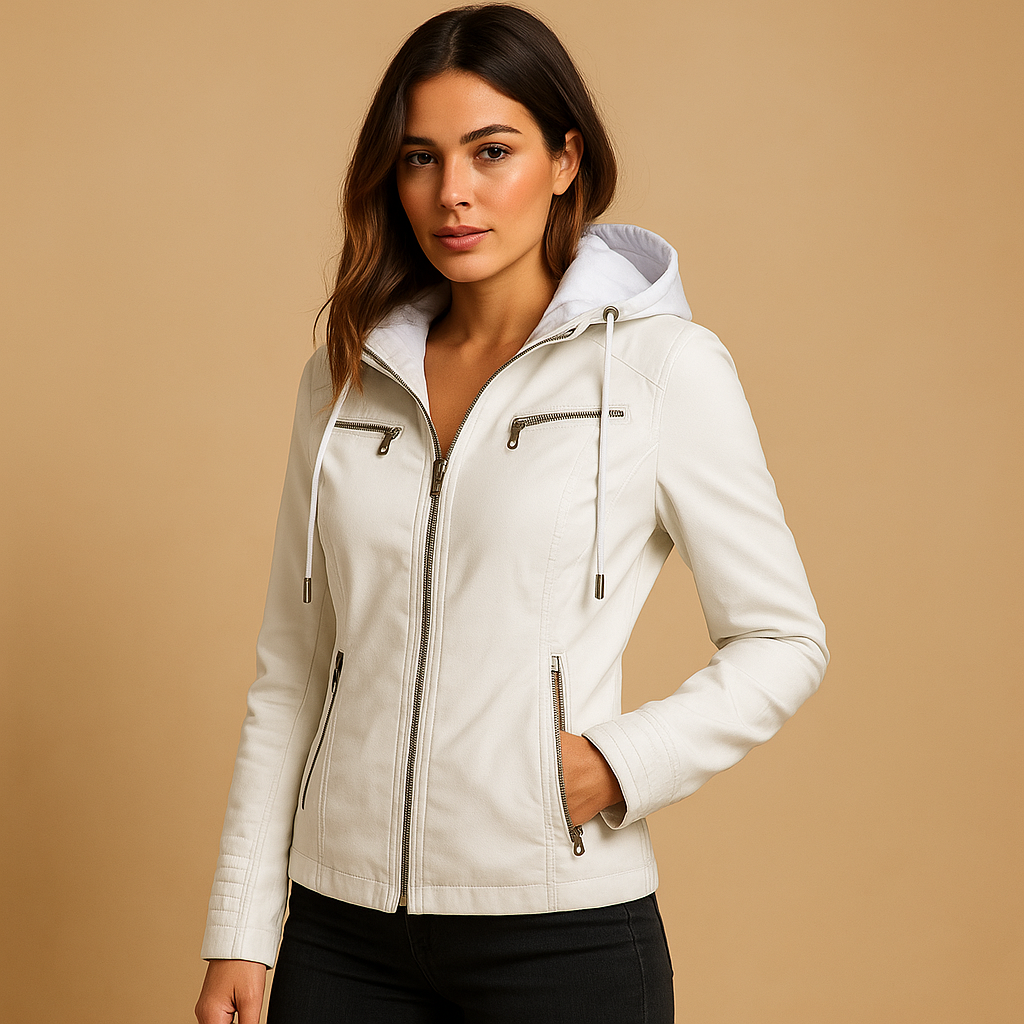 Women’s genuine leather biker jacket with tailored fit, zipper closure, and pockets. A versatile jacket for casual and elegant outfits.