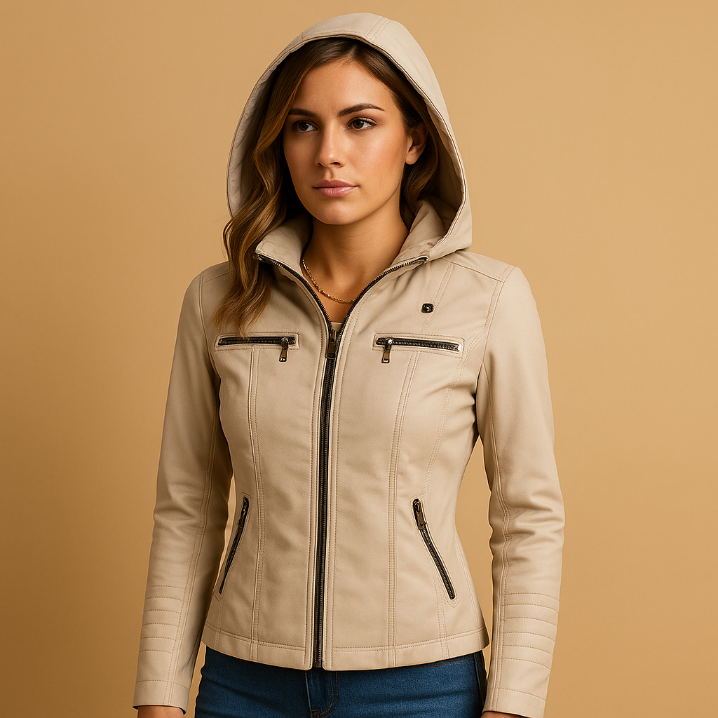 Women’s genuine leather biker jacket with tailored fit, zipper closure, and pockets. A versatile jacket for casual and elegant outfits.