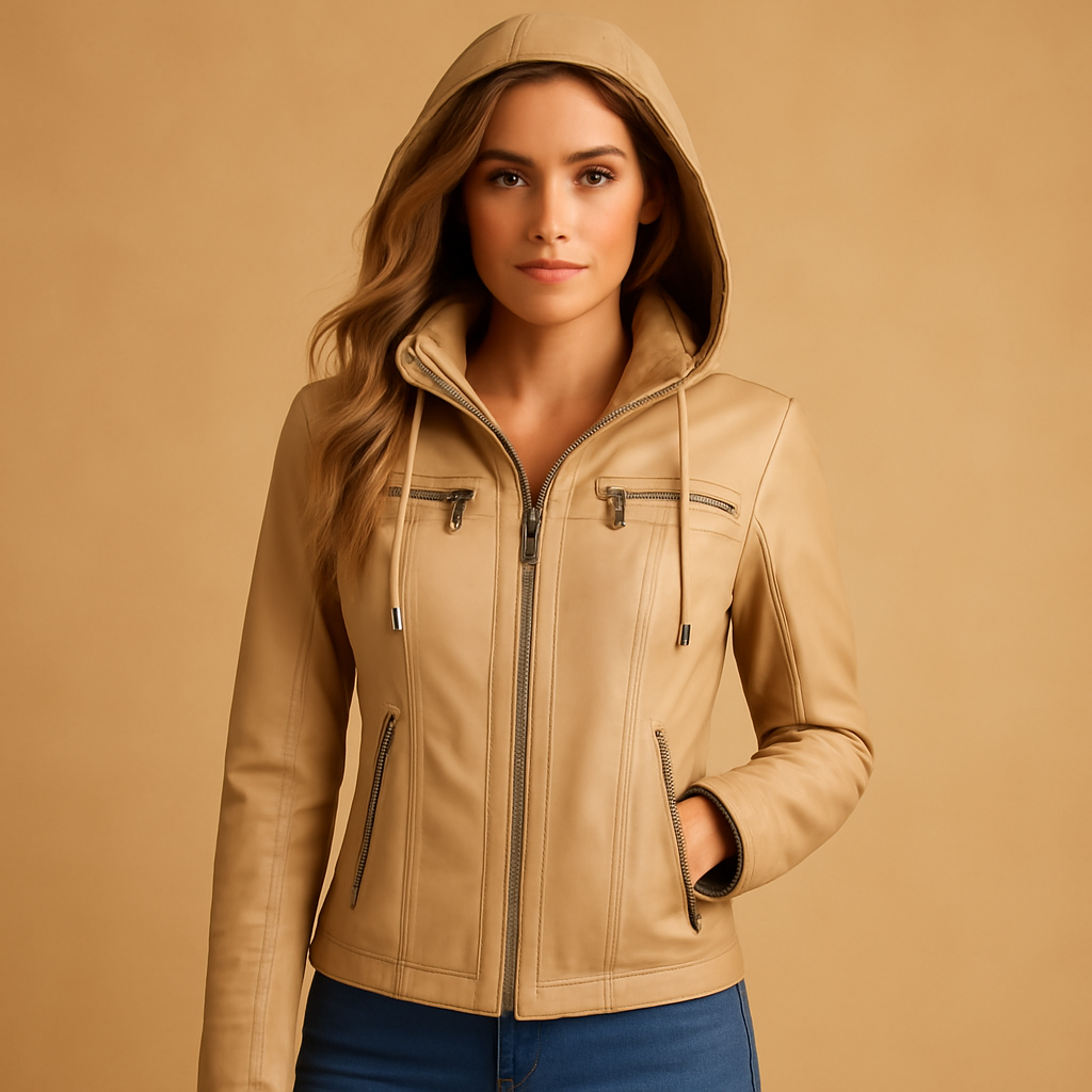 Women’s genuine leather biker jacket with tailored fit, zipper closure, and pockets. A versatile jacket for casual and elegant outfits.