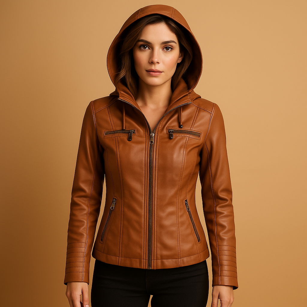 Women’s genuine leather biker jacket with tailored fit, zipper closure, and pockets. A versatile jacket for casual and elegant outfits.