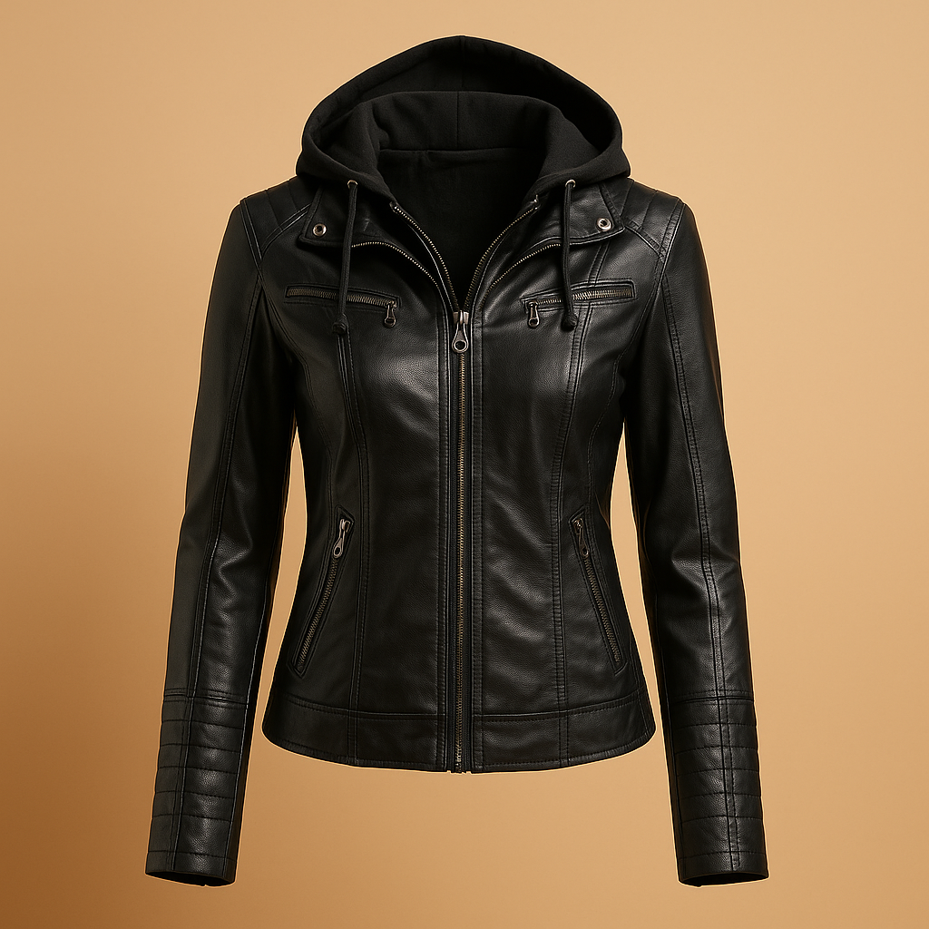 Women’s genuine leather biker jacket with tailored fit, zipper closure, and pockets. A versatile jacket for casual and elegant outfits.