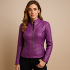 Hazel leather jacket for women with zipper closure, collar, and snap buttons. Available in Black, Camel, Beige, and Wine Red. Ideal for autumn and spring.