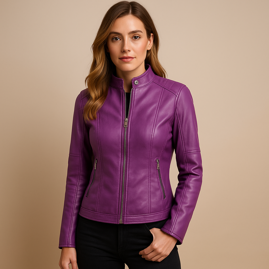Hazel leather jacket for women with zipper closure, collar, and snap buttons. Available in Black, Camel, Beige, and Wine Red. Ideal for autumn and spring.