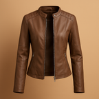 Hazel leather jacket for women with zipper closure, collar, and snap buttons. Available in Black, Camel, Beige, and Wine Red. Ideal for autumn and spring.