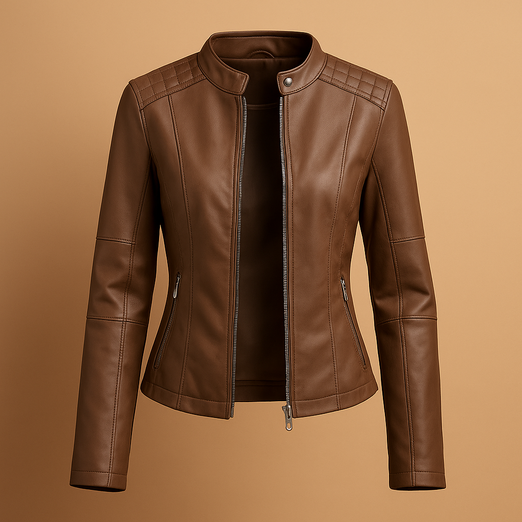 Hazel leather jacket for women with zipper closure, collar, and snap buttons. Available in Black, Camel, Beige, and Wine Red. Ideal for autumn and spring.