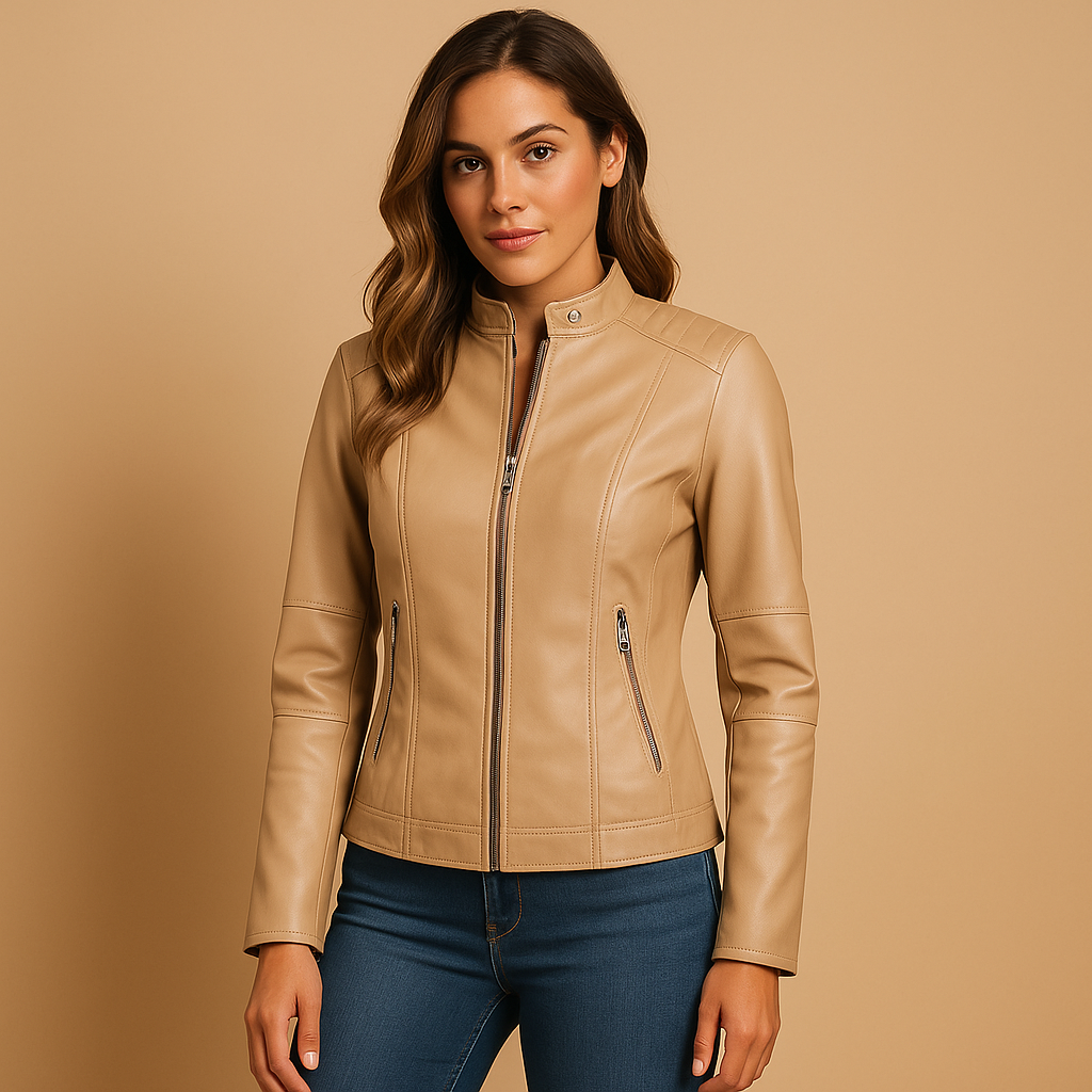 Hazel leather jacket for women with zipper closure, collar, and snap buttons. Available in Black, Camel, Beige, and Wine Red. Ideal for autumn and spring.