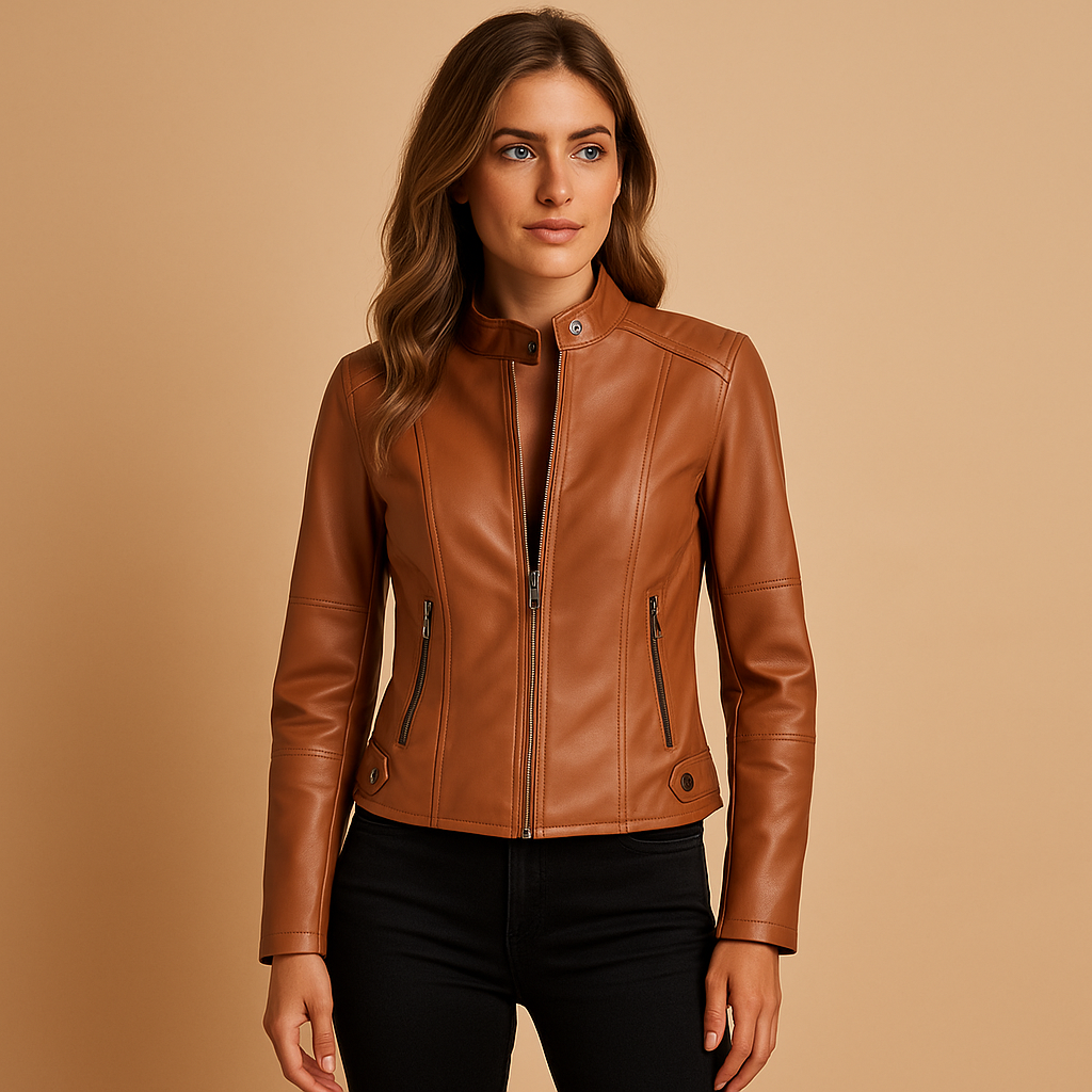 Hazel leather jacket for women with zipper closure, collar, and snap buttons. Available in Black, Camel, Beige, and Wine Red. Ideal for autumn and spring.