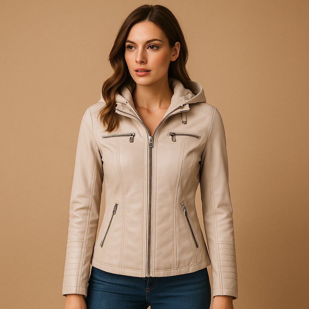 Women’s leather jacket with detachable hood, double zipper, and tailored fit. Stylish PU leather design, ideal for casual and chic outfits.