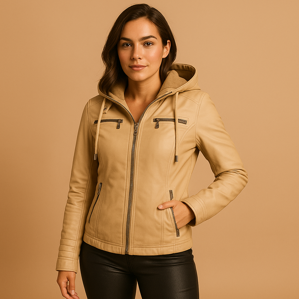 Women’s leather jacket with detachable hood, double zipper, and tailored fit. Stylish PU leather design, ideal for casual and chic outfits.
