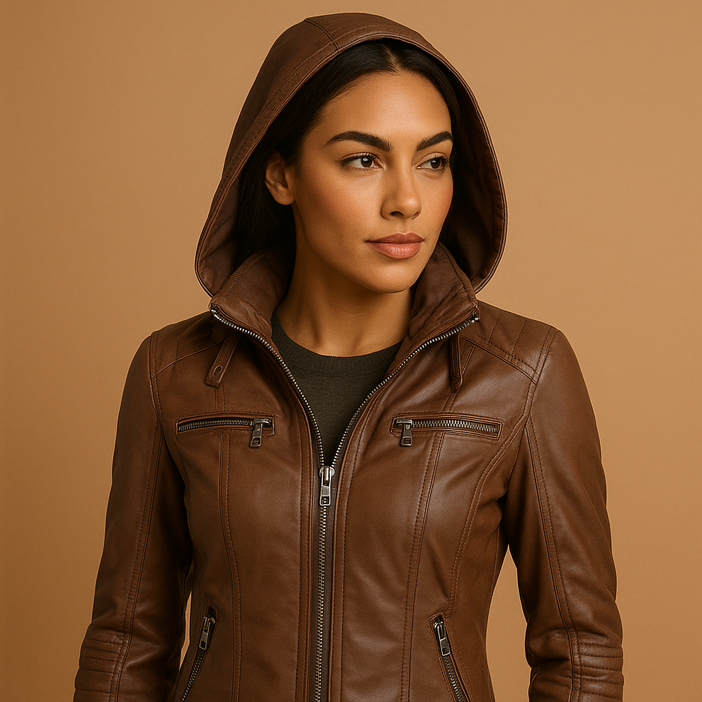 Women’s leather jacket with detachable hood, double zipper, and tailored fit. Stylish PU leather design, ideal for casual and chic outfits.