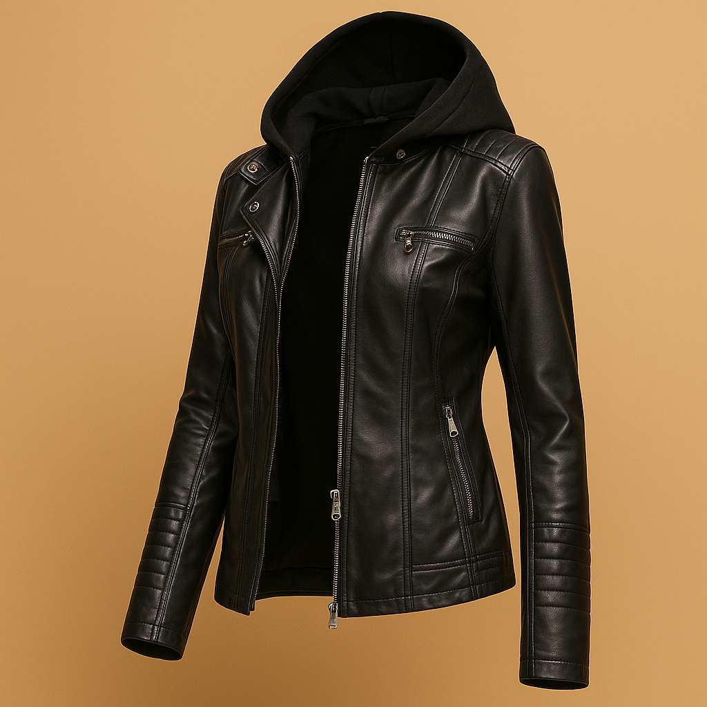 Women’s leather jacket with detachable hood, double zipper, and tailored fit. Stylish PU leather design, ideal for casual and chic outfits.