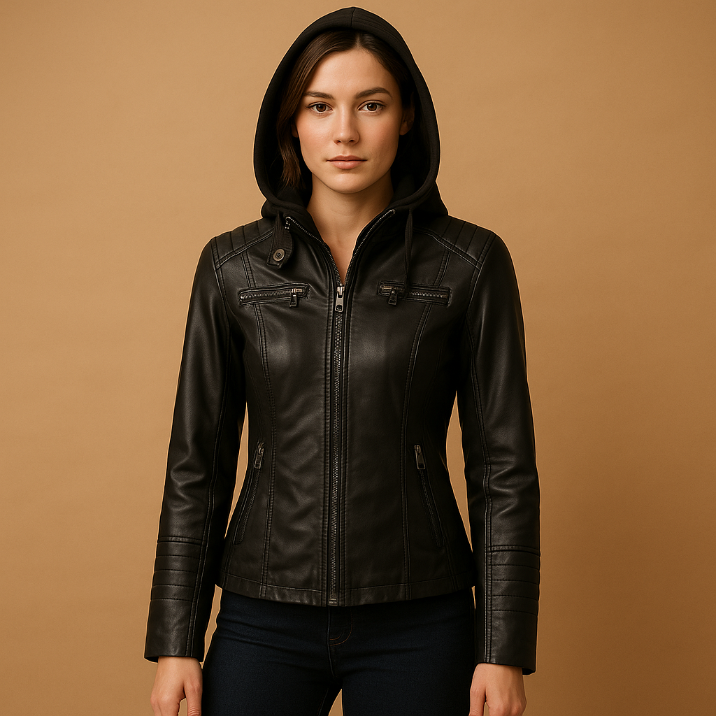 Women’s leather jacket with detachable hood, double zipper, and tailored fit. Stylish PU leather design, ideal for casual and chic outfits.
