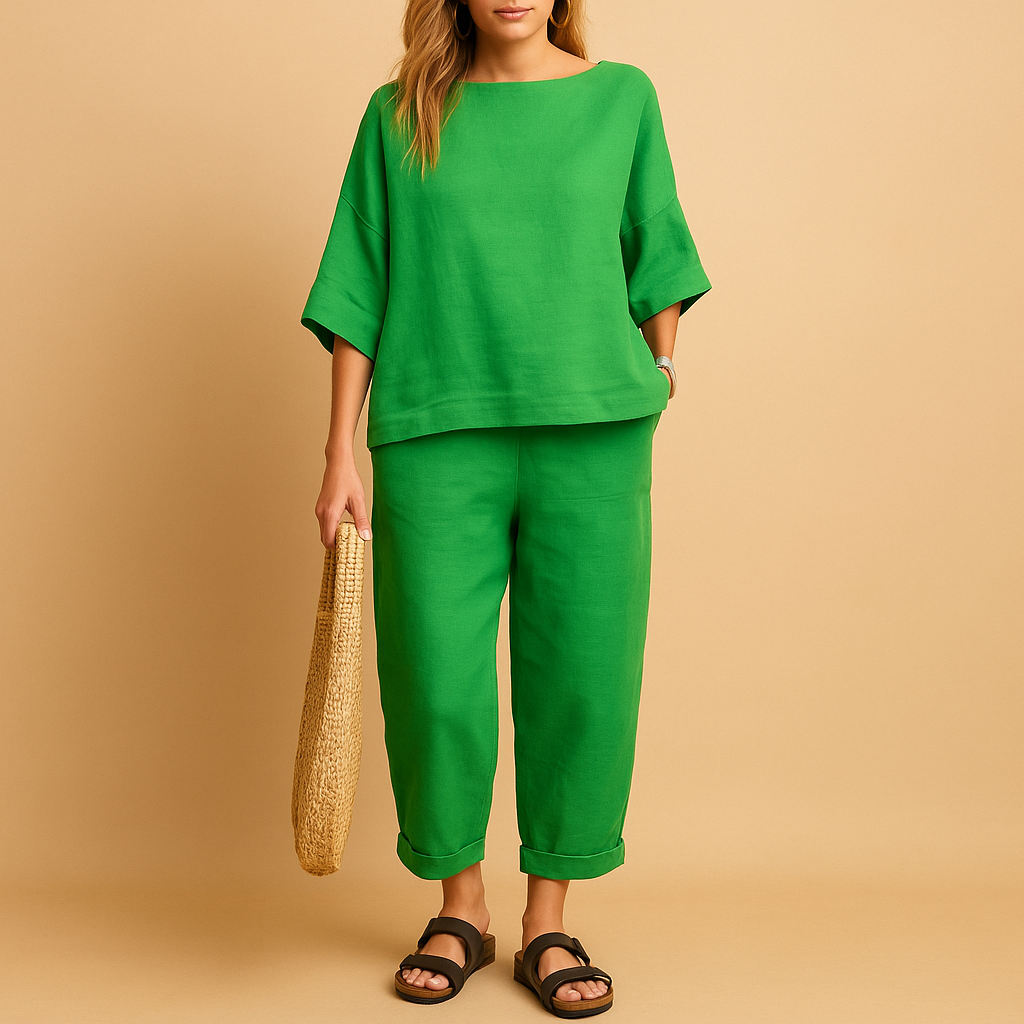 Women’s light two-piece summer set with relaxed shirt and ankle-length pants, perfect for warm days, casual wear, or lounging at home.