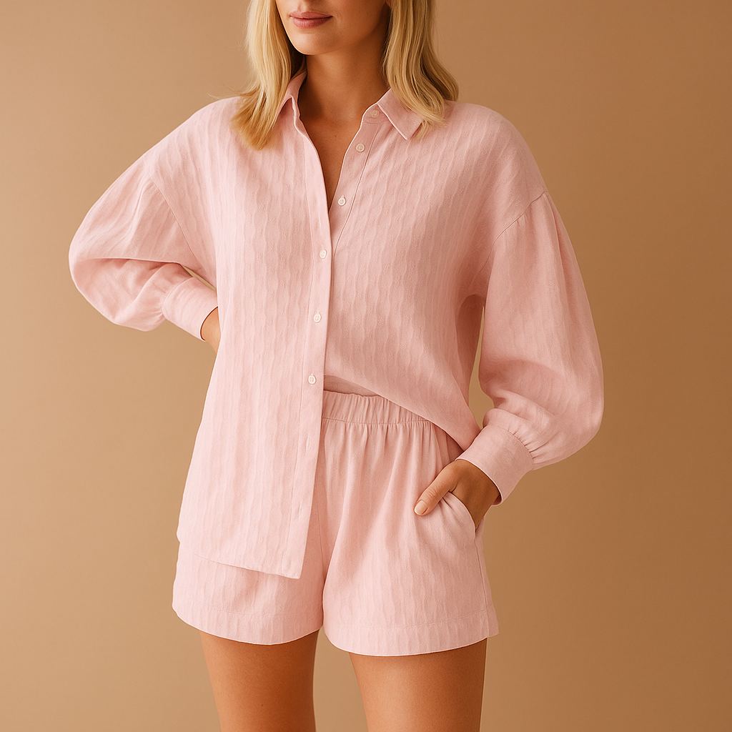 Women’s light two-piece summer set with short-sleeve blouse and matching shorts, perfect for warm days, beach outings, and holidays.
