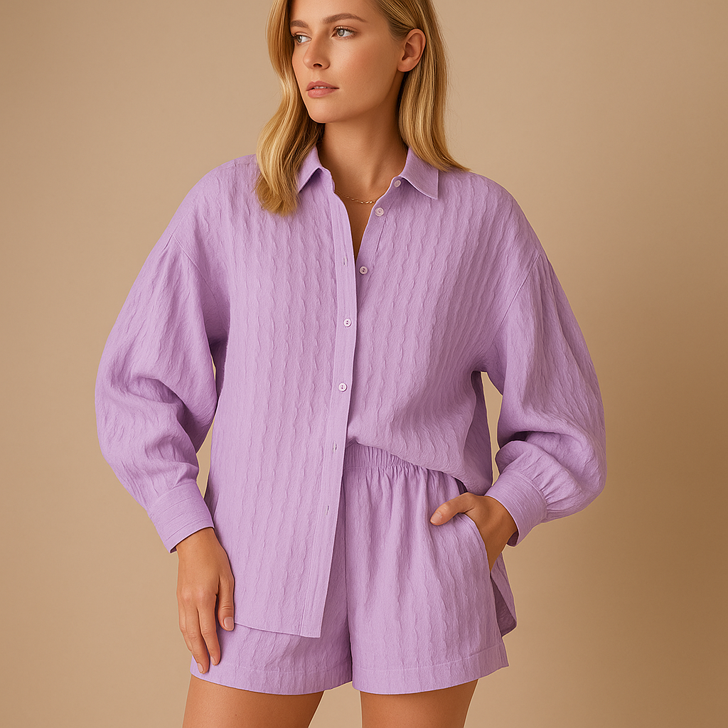 Women’s light two-piece summer set with short-sleeve blouse and matching shorts, perfect for warm days, beach outings, and holidays.