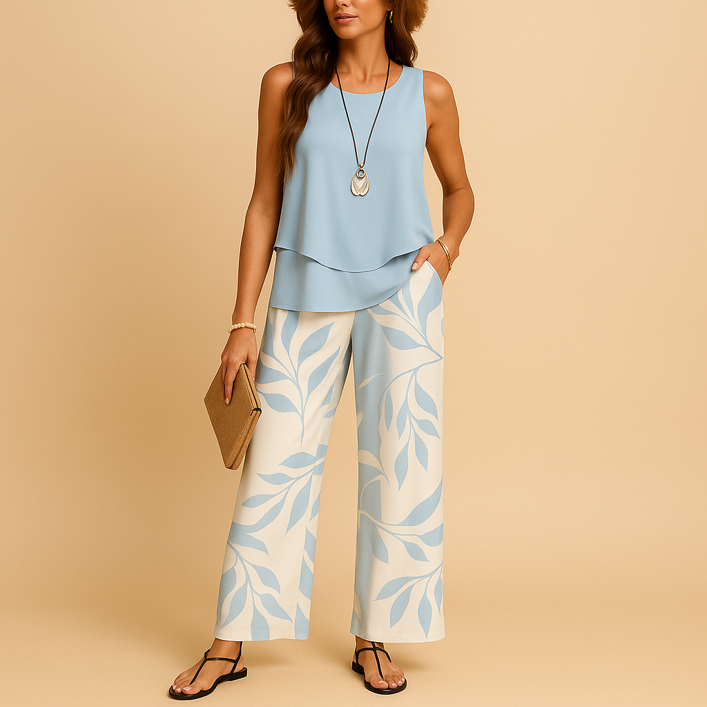 Women’s light two-piece summer outfit with sleeveless top and airy pants, perfect for warm days, vacations, or casual outings.