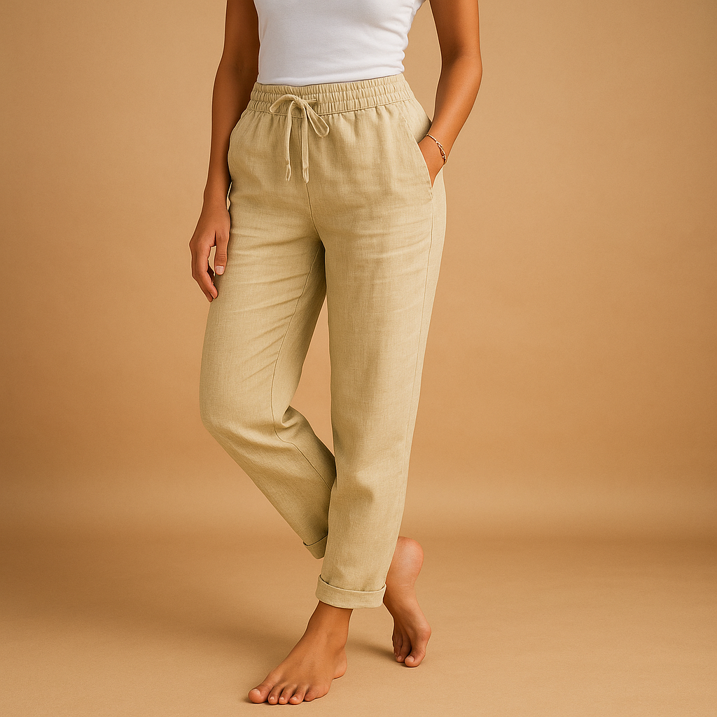 Women’s lightweight elegant pants with elastic waistband and feminine cut, flowing fabric perfect for casual or formal occasions.