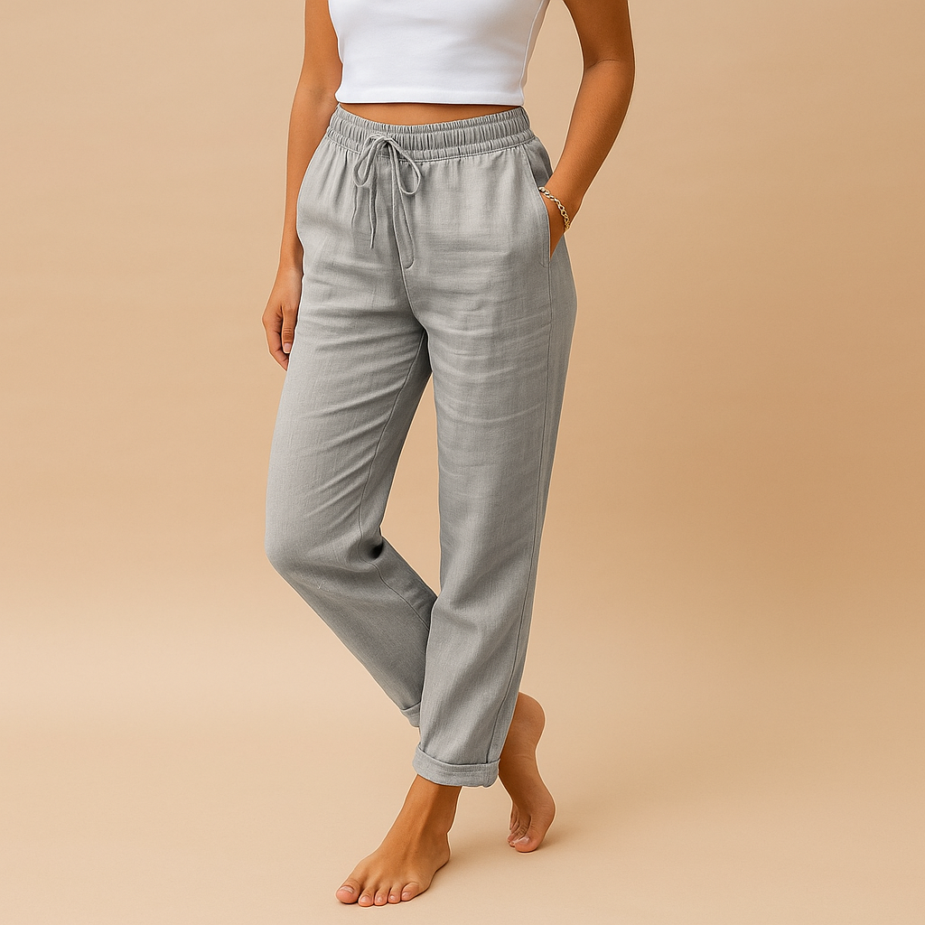 Women’s lightweight elegant pants with elastic waistband and feminine cut, flowing fabric perfect for casual or formal occasions.