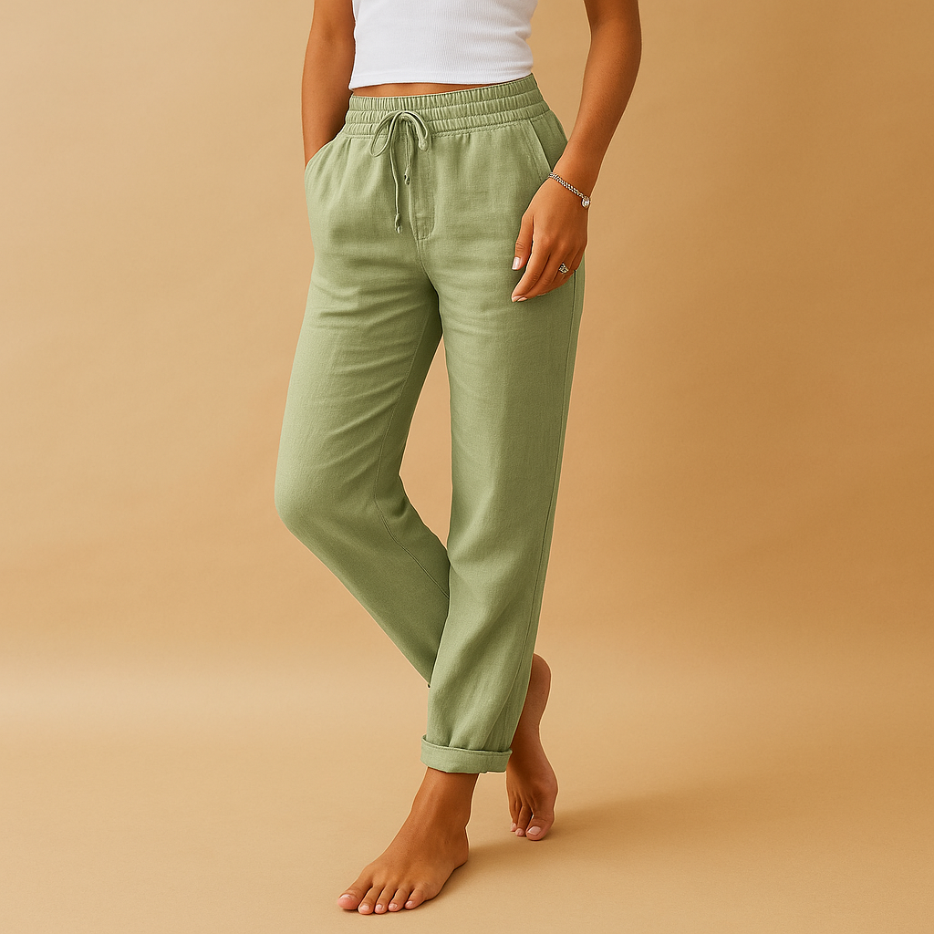 Women’s lightweight elegant pants with elastic waistband and feminine cut, flowing fabric perfect for casual or formal occasions.