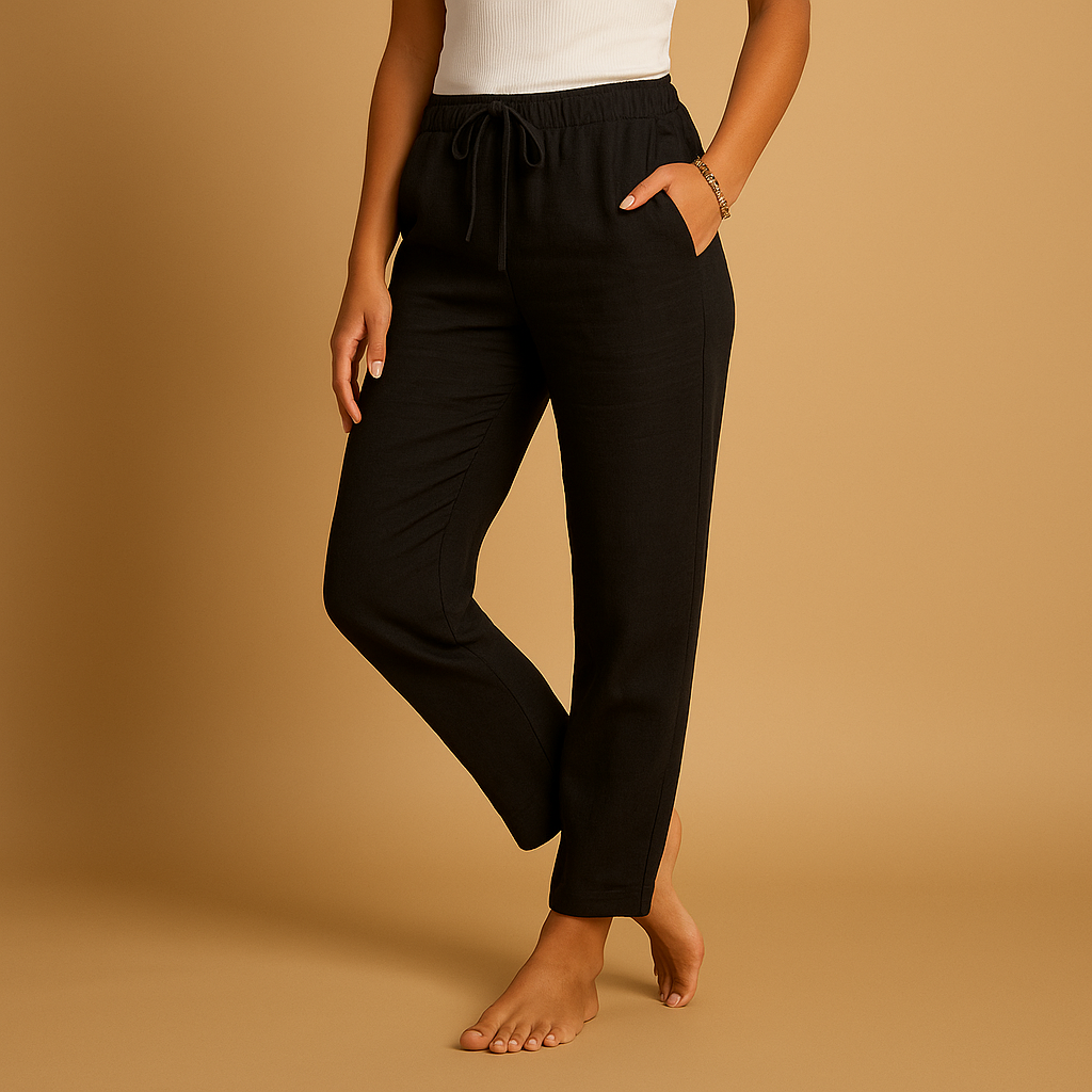 Women’s lightweight elegant pants with elastic waistband and feminine cut, flowing fabric perfect for casual or formal occasions.