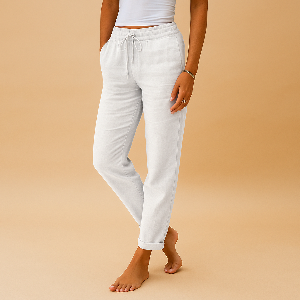Women’s lightweight elegant pants with elastic waistband and feminine cut, flowing fabric perfect for casual or formal occasions.
