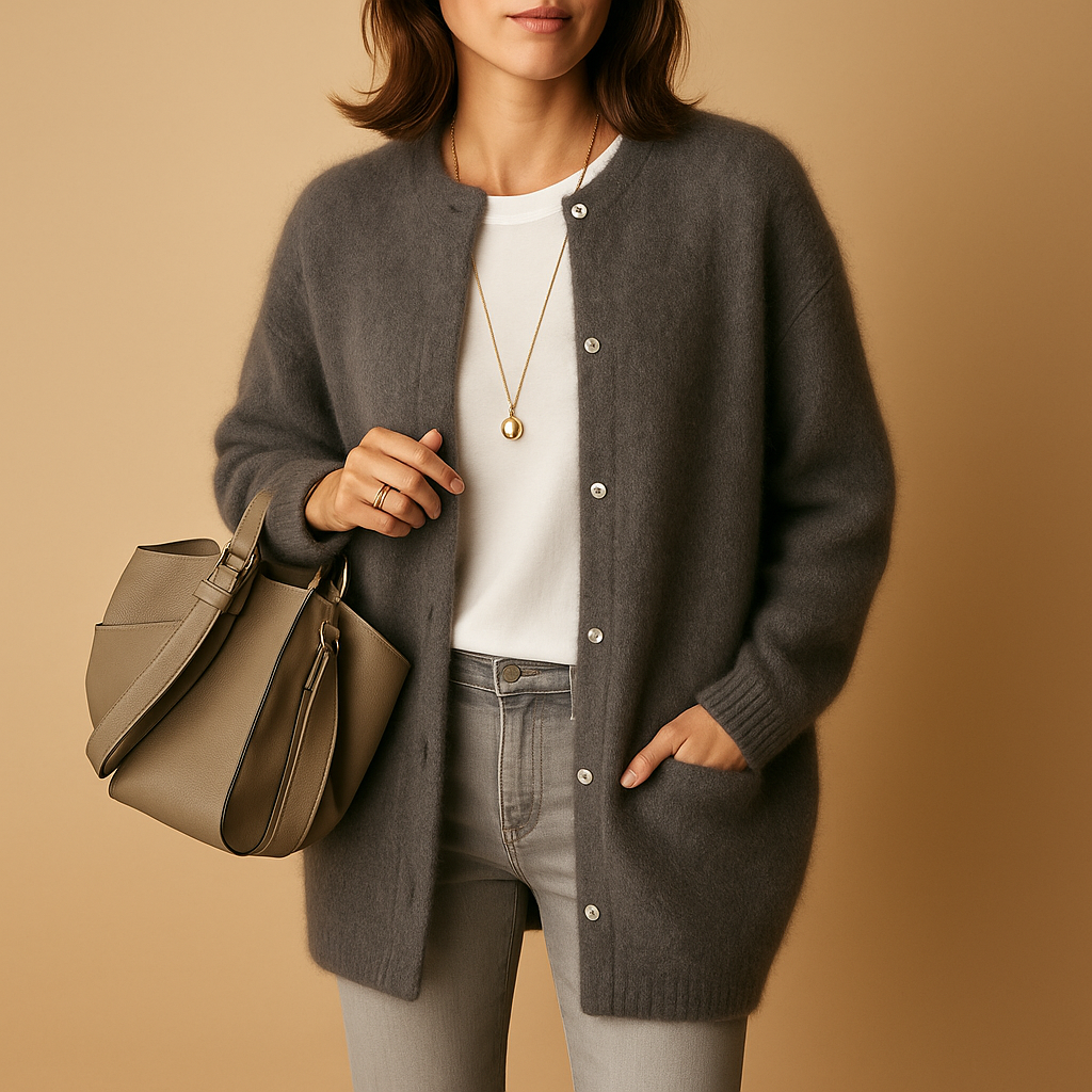Women’s lightweight knitted cardigan with relaxed fit, long sleeves, and button closure, perfect for layering in casual or office outfits across all seasons.