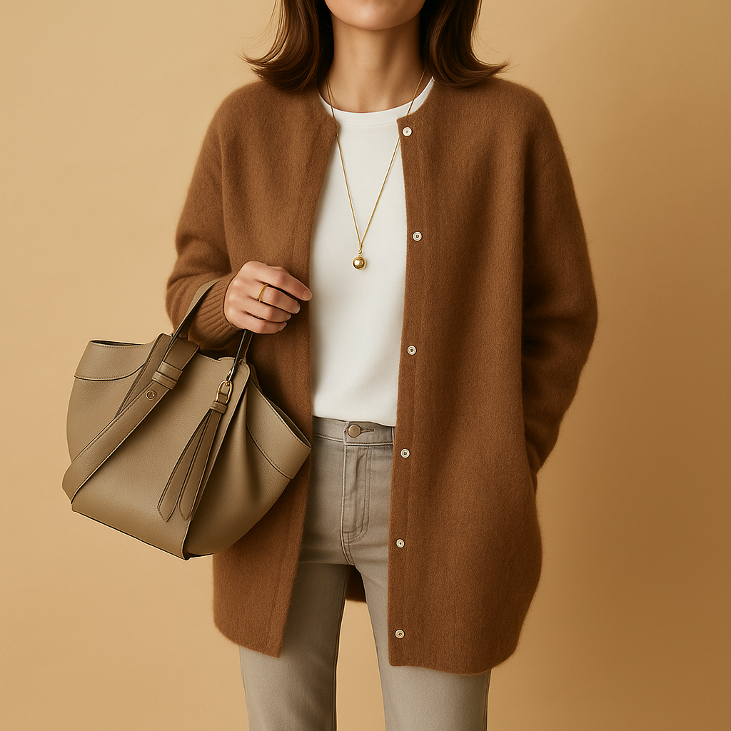 Women’s lightweight knitted cardigan with relaxed fit, long sleeves, and button closure, perfect for layering in casual or office outfits across all seasons.
