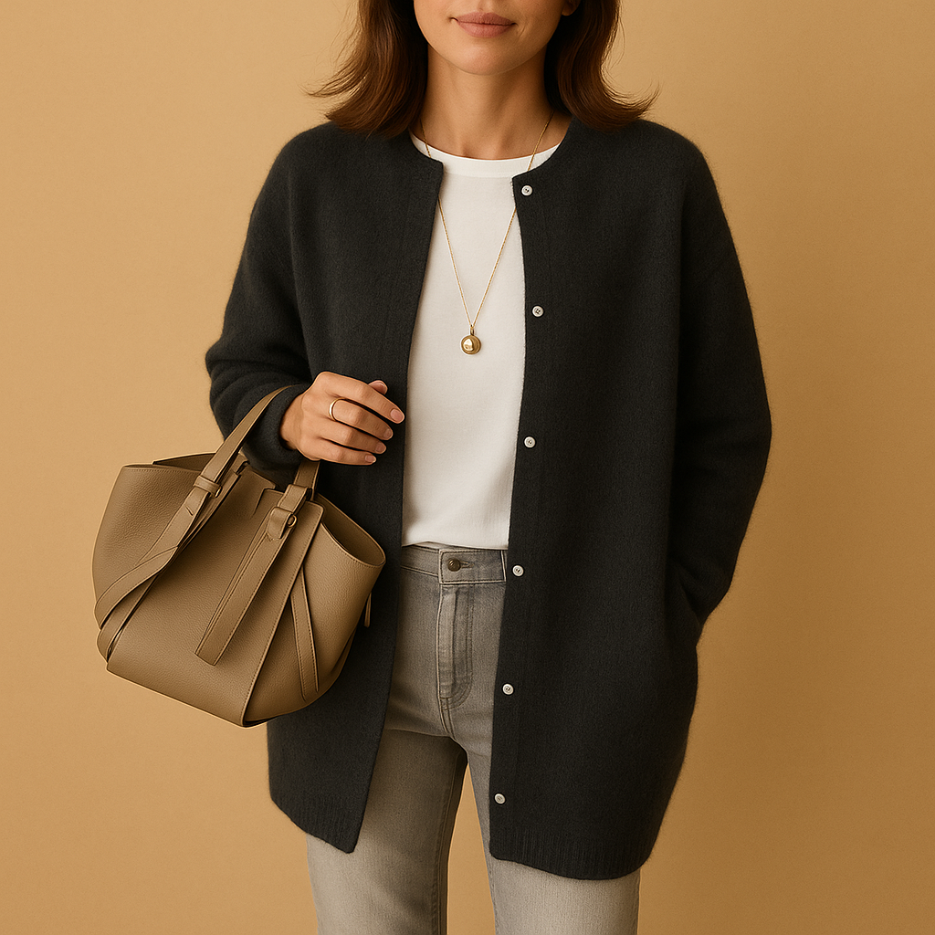 Women’s lightweight knitted cardigan with relaxed fit, long sleeves, and button closure, perfect for layering in casual or office outfits across all seasons.