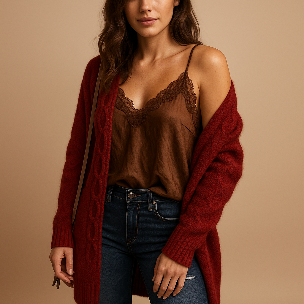 Women’s lightweight knitted cardigan with hood in neutral tones, perfect for layering on cool summer evenings or during transitional weather.