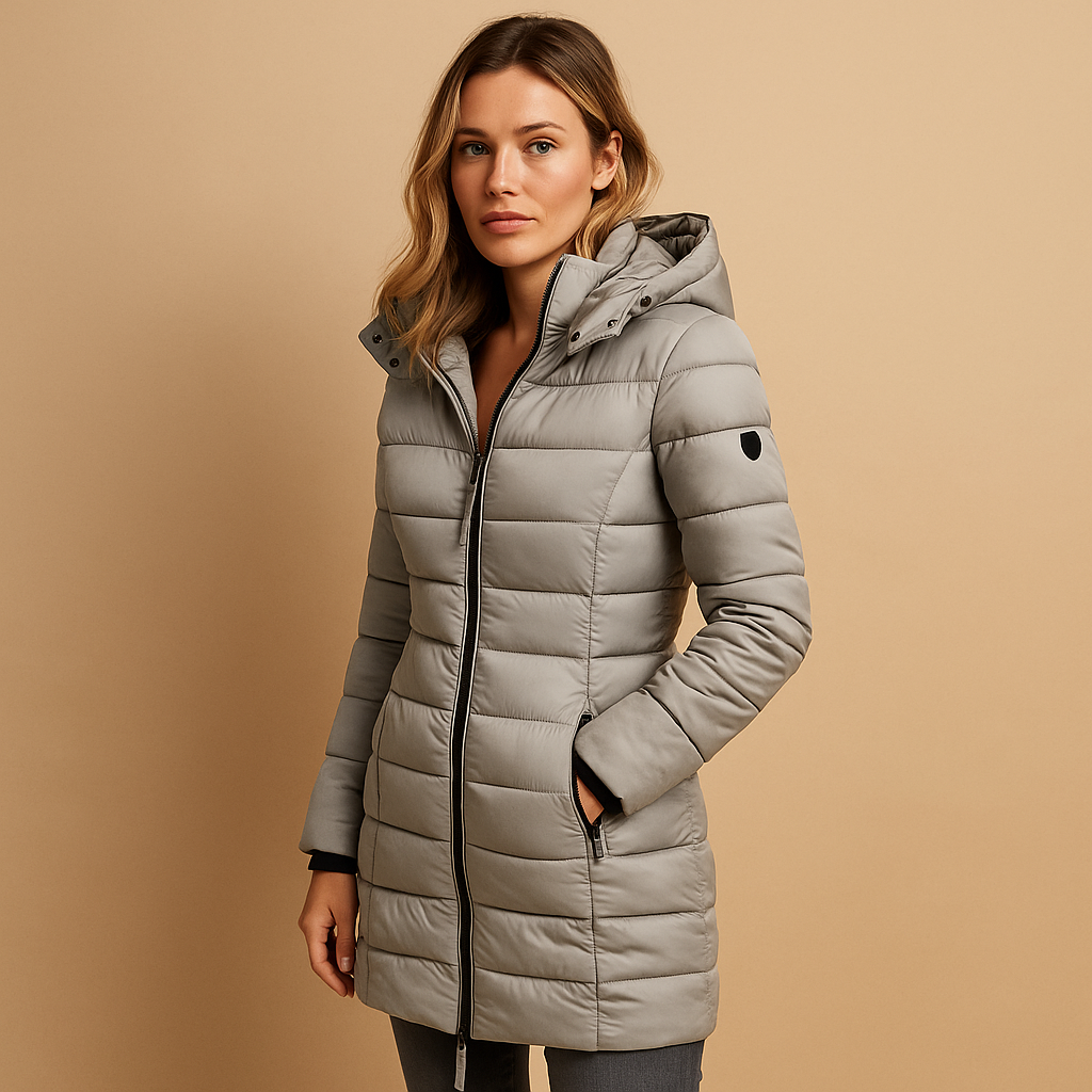 Lightweight padded puffer jacket for women with sustainable natural filling, quilted design, and vibrant colors. Perfect for work, leisure, and city strolls.