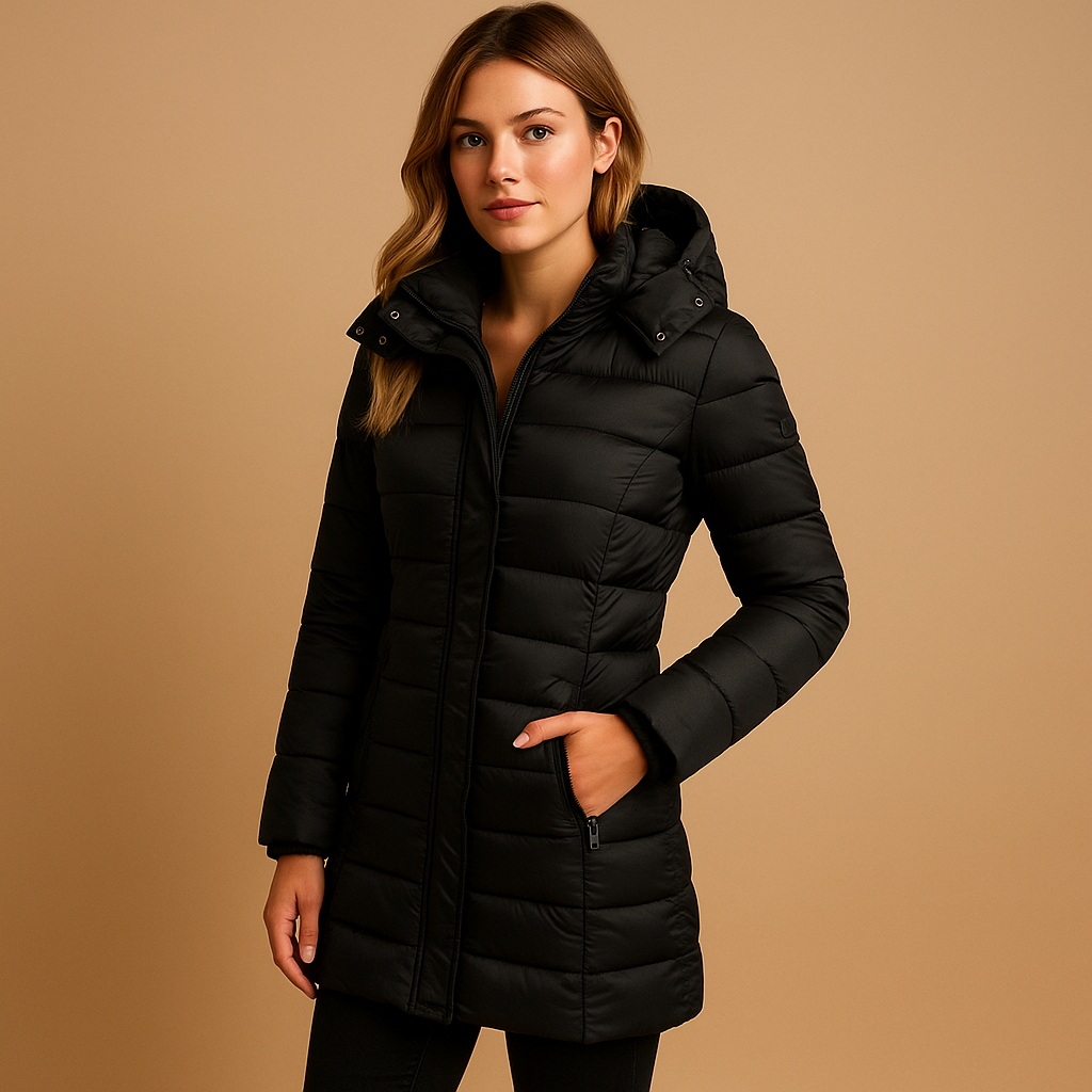 Lightweight padded puffer jacket for women with sustainable natural filling, quilted design, and vibrant colors. Perfect for work, leisure, and city strolls.