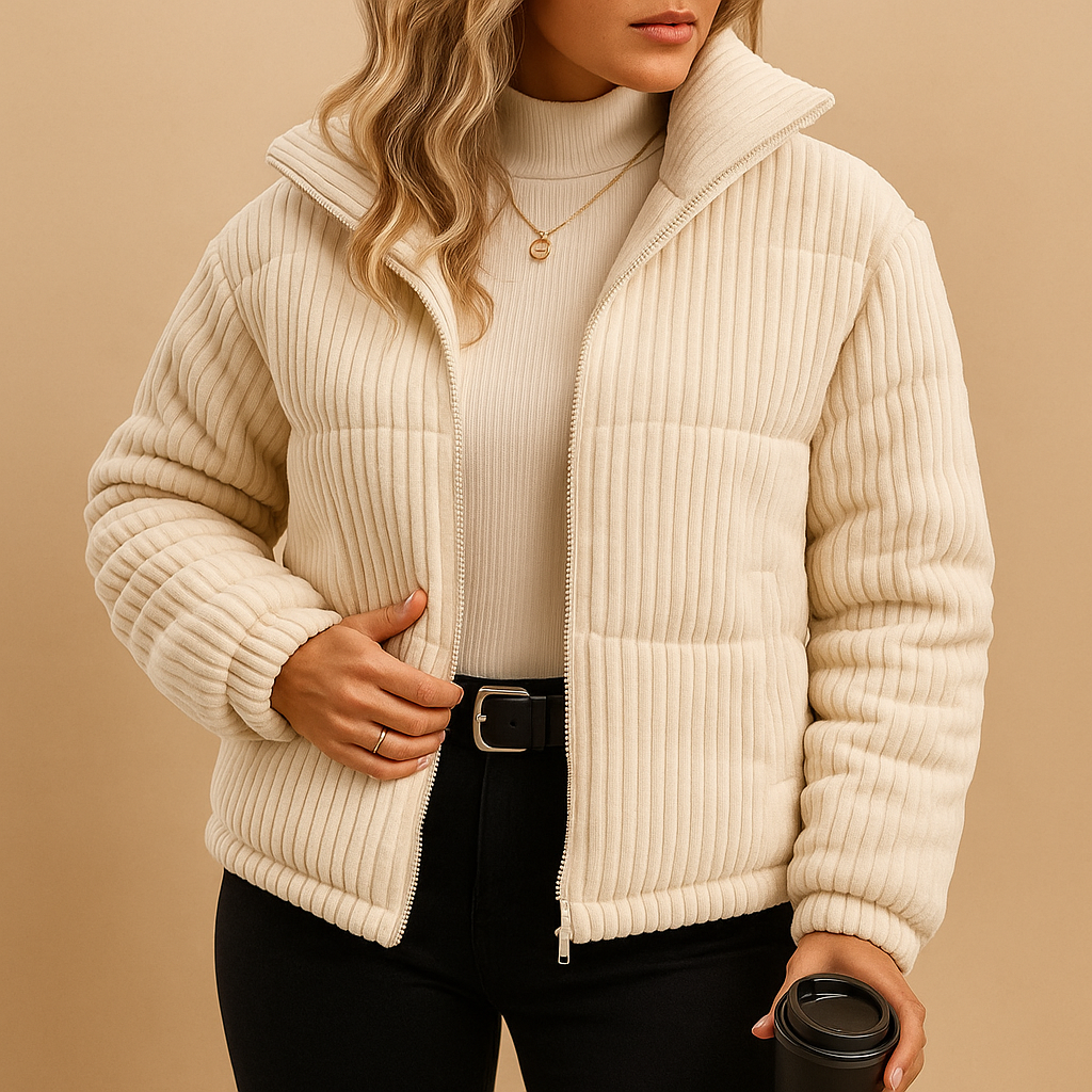 Lightweight puffer jacket for women with tailored fit, high collar, and water-repellent design for stylish winter warmth.