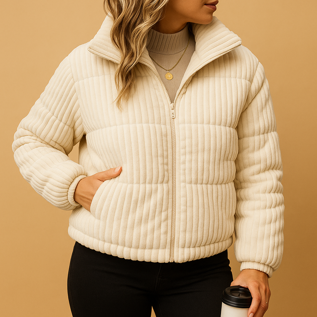 Lightweight puffer jacket for women with tailored fit, high collar, and water-repellent design for stylish winter warmth.