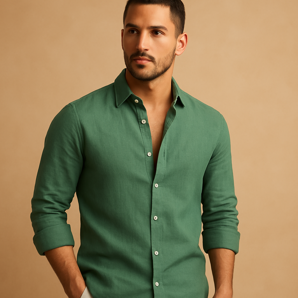 Lightweight relaxed fit shirt for men in green, white, blue, black, and pink with breathable fabric, ideal for summer workdays, weekends, and casual wear.