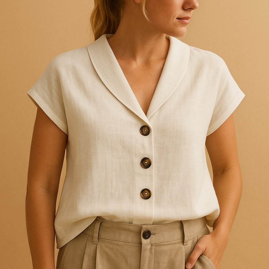 Women’s lightweight summer blouse with round neckline and button closure, ideal for casual outings, beach days, and warm weather style.