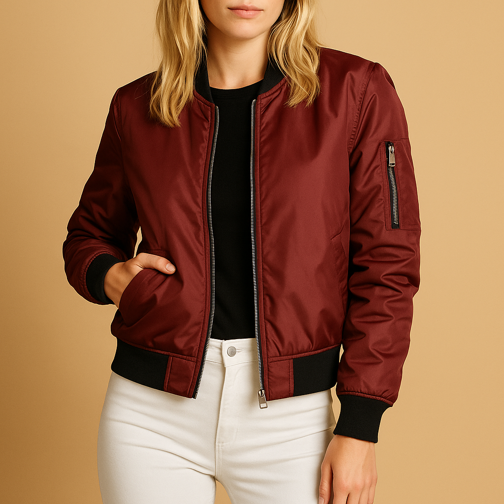 Lightweight summer bomber jacket for women with zipper and side pockets, ideal for casual looks and cooler summer days.