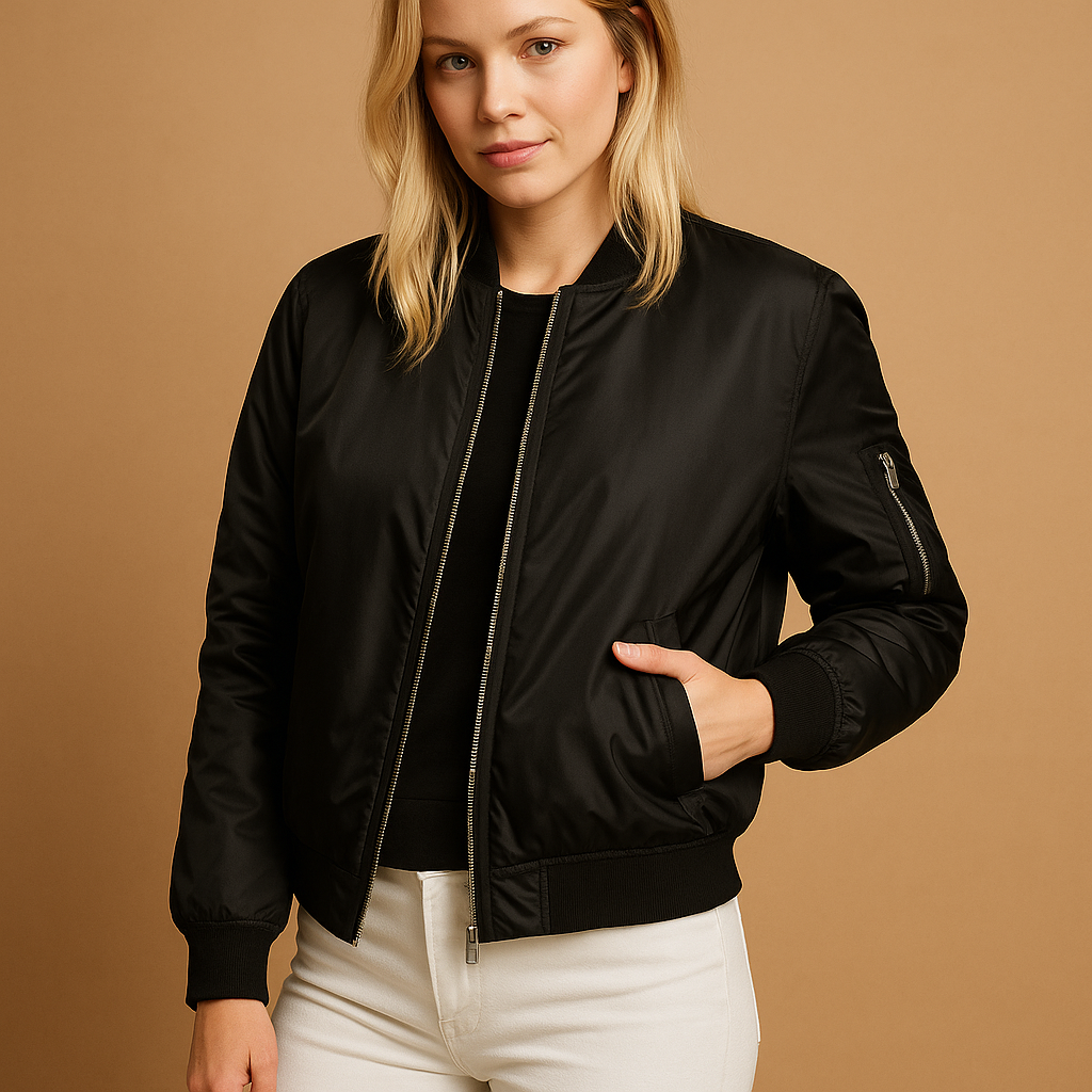 Lightweight summer bomber jacket for women with zipper and side pockets, perfect for casual or chic warm-weather outfits.