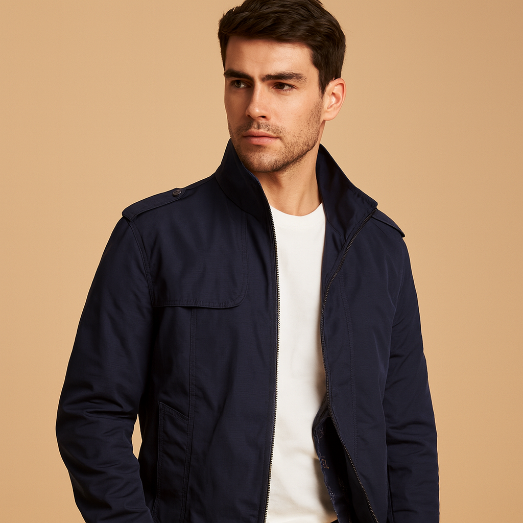 Men’s lightweight summer jacket with stand-up collar and modern design, perfect for casual and formal wear during warm days.