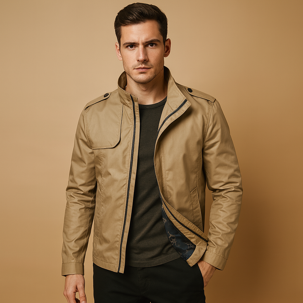 Men’s lightweight summer jacket with stand-up collar and modern design, perfect for casual and formal wear during warm days.