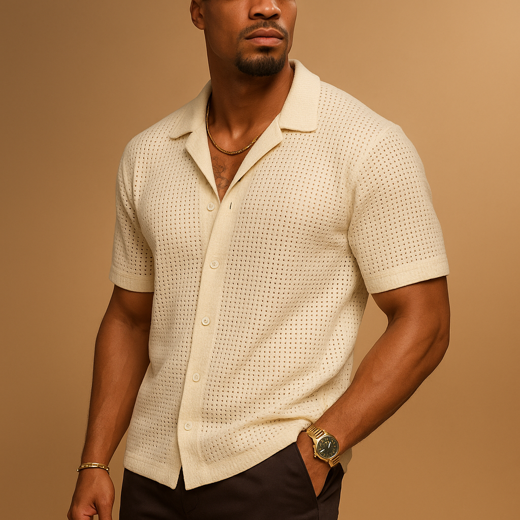 Men’s lightweight short sleeve summer shirt Adrian in beige with button closure. Perfect for beach days, holidays, and casual summer outfits.