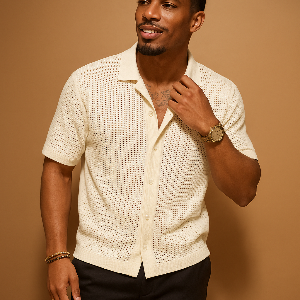 Men’s lightweight short sleeve summer shirt Adrian in beige with button closure. Perfect for beach days, holidays, and casual summer outfits.
