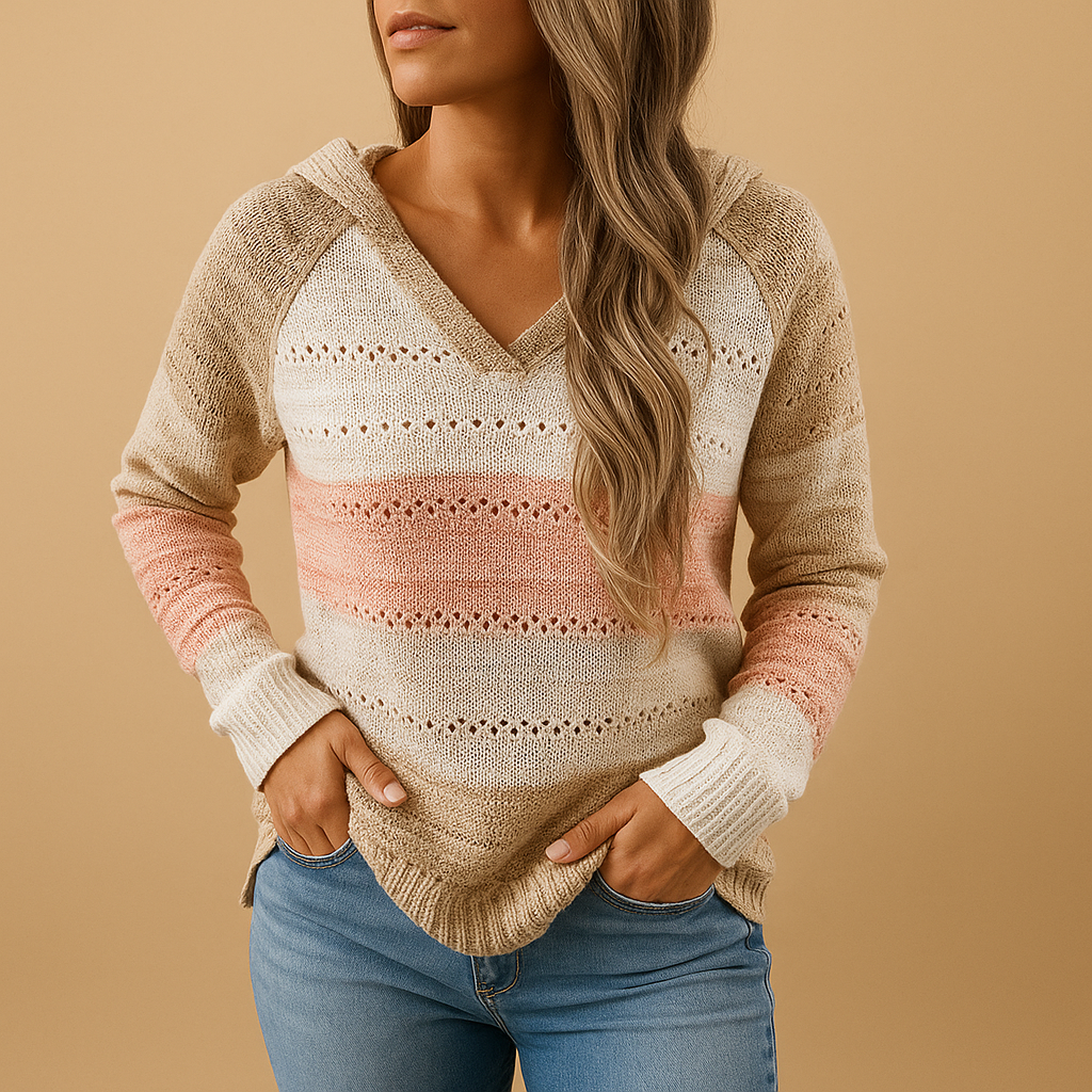 Women’s lightweight V-neck knitted sweater with breathable open-knit detail, relaxed fit, and soft fabric, perfect for spring, summer, or autumn wear.