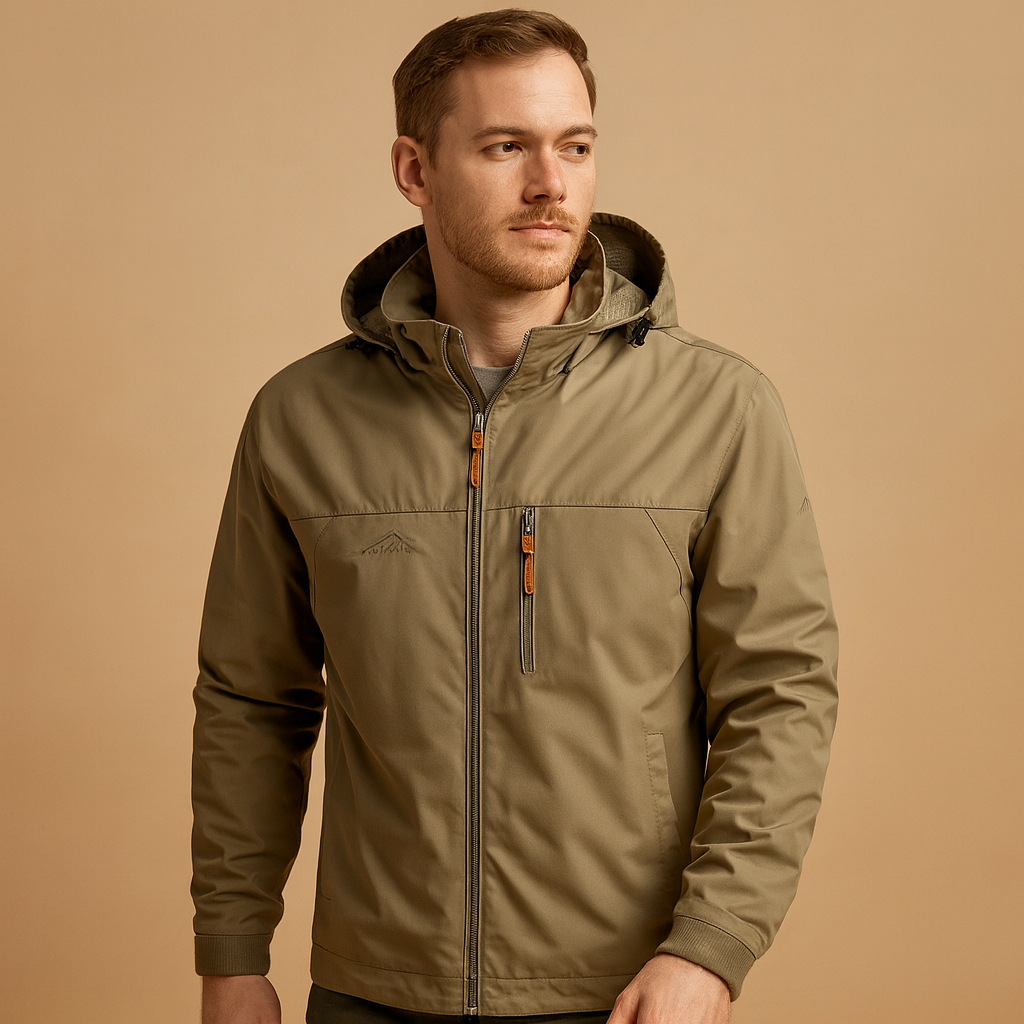 Men’s lightweight waterproof rain jacket with adjustable hood, breathable and wind-resistant, perfect for outdoor activities and everyday wear.