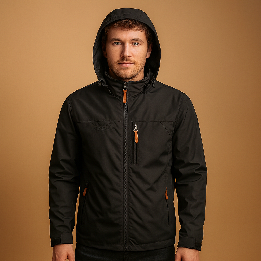 Men’s lightweight waterproof rain jacket with adjustable hood, breathable and wind-resistant, perfect for outdoor activities and everyday wear.
