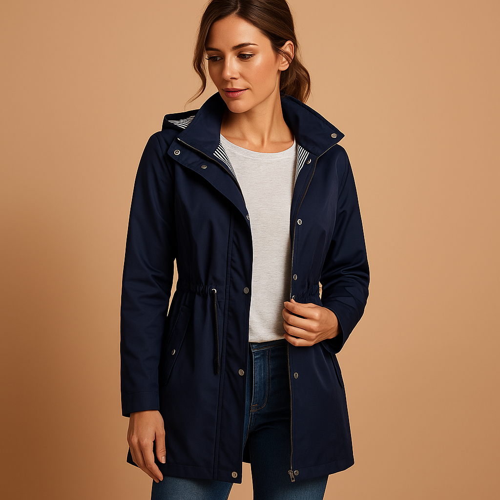Lightweight windbreaker jacket for women with adjustable waist, detachable hood, and water-repellent design for everyday wear.