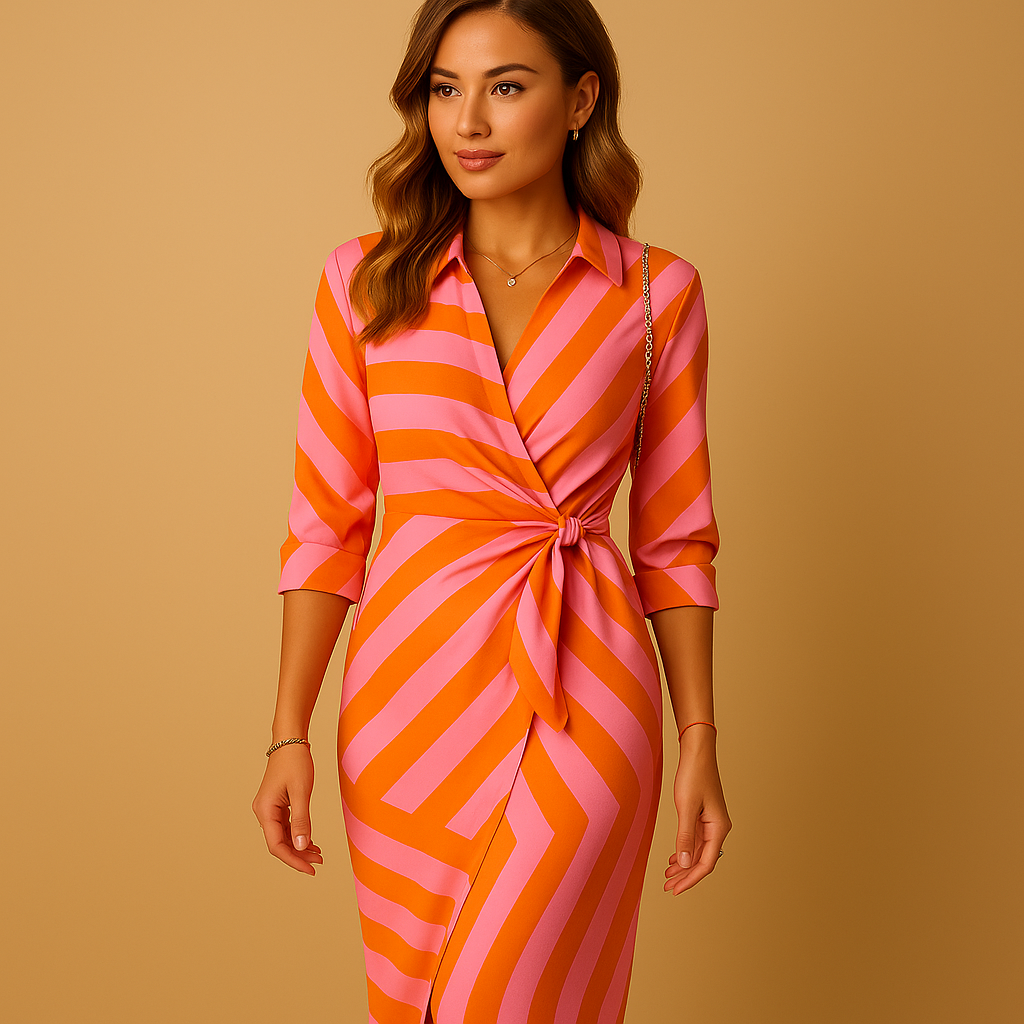 Women’s lightweight wrap dress with adjustable tie closure and collar, breathable and elegant, perfect for brunches, casual outings, and semi-formal occasions.