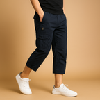 Men’s long cargo shorts made from breathable cotton with multiple pockets, available in gray, khaki, green, black, and navy for summer wear.