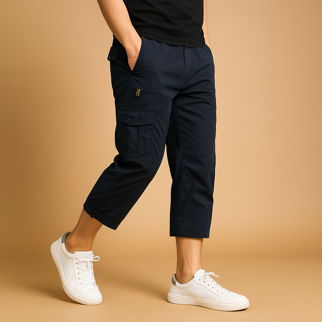 Men’s long cargo shorts made from breathable cotton with multiple pockets, available in gray, khaki, green, black, and navy for summer wear.